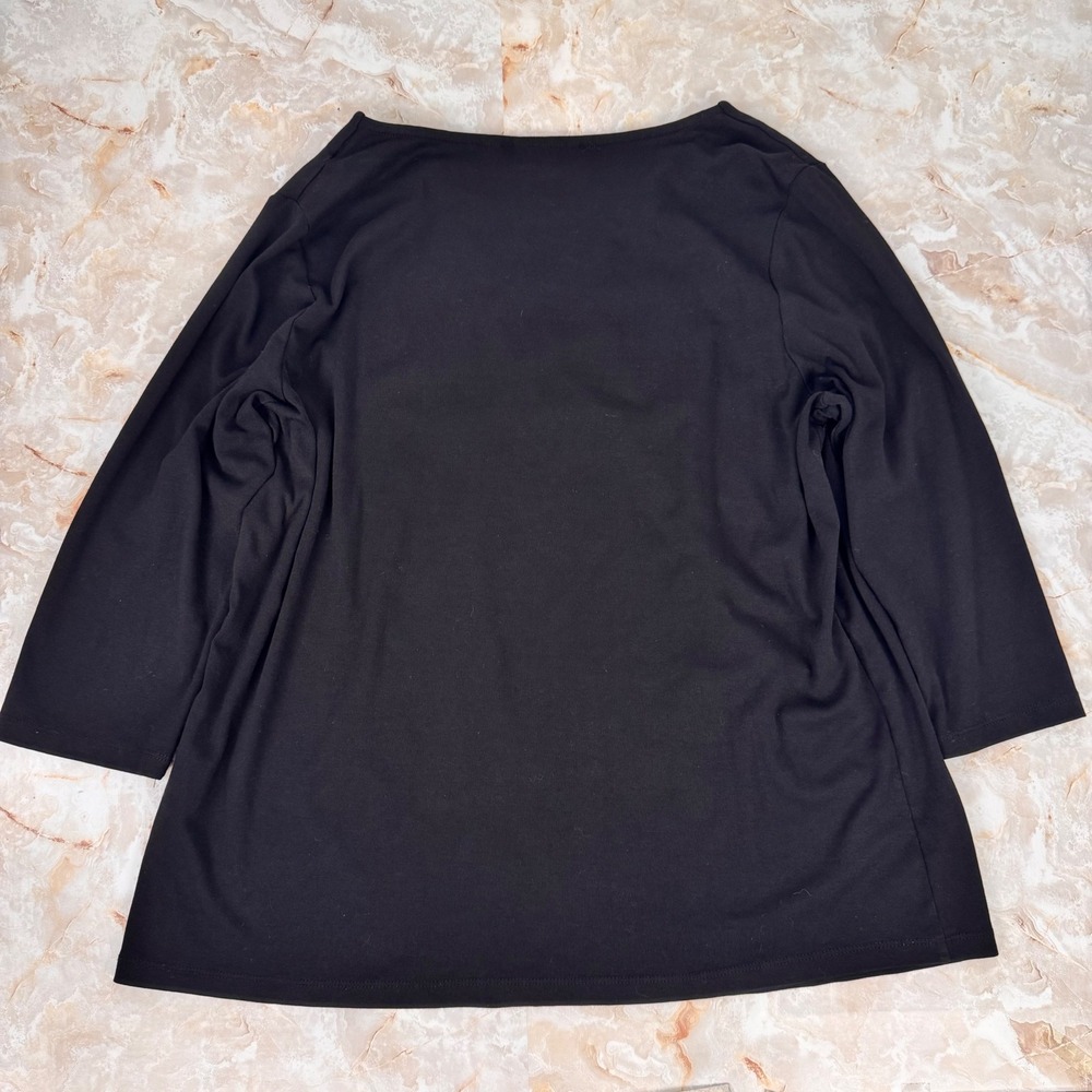 Rafaella Blouse Women 2X Black 3/4 Sleeve Cotton Pleated Neck Office Casual - Picture 2 of 9